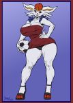  absurd_res anthro ball big_breasts border breasts cinderace cleavage clothed clothing curvaceous curvy_figure female footwear greasymojo hand_on_hip hi_res high_heels nintendo panties pok&eacute;mon pok&eacute;mon_(species) red_border shoes soccer_ball solo underwear video_games voluptuous wide_hips 