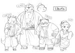  2015 anthro canid canine canis clothing domestic_dog footwear fox giant_panda group humanoid_hands japanese_text kemono kinoshita-jiroh male mammal monochrome robe sandals simple_background text the_spicy_ninja_scrolls ursid white_background 