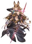  1girl animal_ears black_dress breasts brown_eyes brown_hair cleavage covered_navel dress erune full_body granblue_fantasy granblue_fantasy_versus hair_ornament holding holding_weapon lips long_hair looking_at_viewer metera_(granblue_fantasy) minaba_hideo mole mole_under_mouth official_art one_eye_closed see-through shiny shiny_hair simple_background smile solo thighhighs tongue tongue_out weapon white_background 