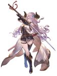  1girl asymmetrical_footwear bare_shoulders belt blue_eyes boots braid coat draph elbow_gloves fingerless_gloves full_body gloves granblue_fantasy granblue_fantasy_versus hair_ornament hair_over_one_eye highres holding holding_sword holding_weapon horns katana knee_boots minaba_hideo narmaya_(granblue_fantasy) official_art parted_lips pink_hair pointy_ears sheath simple_background sleeveless solo standing sword thigh_boots thigh_strap thighhighs tied_hair weapon white_background 