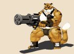  2008 anthro belly bulge clothing felid kemono kinoshita-jiroh male mammal overweight overweight_male pantherine simple_background solo tiger underwear weapon 