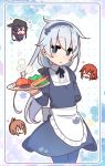  4girls akatsuki_(kantai_collection) alternate_costume apron blue_dress blue_eyes blue_legwear cowboy_shot dress food head_only hibiki_(kantai_collection) ikazuchi_(kantai_collection) inazuma_(kantai_collection) kantai_collection long_hair looking_at_viewer multiple_girls pantyhose plate solo_focus standing tempura waist_apron waitress white_apron white_hair yoru_nai 