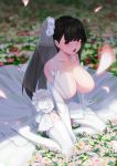  1girl bangs blush breasts breasts_outside bridal_veil bride commentary_request detached_sleeves dress elbow_gloves falling_petals field flower flower_field garter_straps girls_frontline gloves hair_flower hair_ornament highres large_breasts loading_(vkjim0610) long_hair looking_to_the_side nipples one_side_up open_mouth red_eyes rose sitting skirt sweat veil wa2000_(girls_frontline) wariza wedding_dress white_dress white_flower white_legwear white_rose white_skirt 