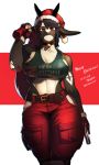  2019 absurd_res anthro bell belt black_body black_hair breasts chabett christmas clothed clothing collar dragon english_text female fingerless_gloves gloves gun hair handgun handwear hat headgear headwear hi_res holding_object holding_weapon holidays horn looking_at_viewer midriff multicolored_body multicolored_skin ranged_weapon red_eyes solo standing text thick_thighs trigger_discipline weapon white_body 