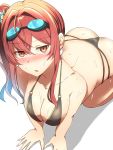  1girl all_fours azur_lane bikini black_bikini blush breasts commentary_request goggles goggles_on_head highleg highleg_bikini highres kapibara_(mc0314) looking_at_viewer multi-strapped_bikini nose_blush o-ring o-ring_bikini open_mouth red_eyes red_hair side_ponytail sideboob skindentation swimsuit whistle whistle_around_neck zara_(azur_lane) zara_(poolside_coincidence)_(azur_lane) 