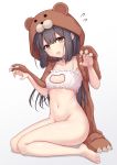  1girl alternate_costume animal_costume animal_ears arata_(xin) bear_costume bear_ears bear_hood black_hair blush bottomless bra breasts brown_eyes claw_pose cleavage_cutout collarbone commentary_request eyebrows_visible_through_hair fang fate/grand_order fate/kaleid_liner_prisma_illya fate_(series) flying_sweatdrops frilled_bra frills groin highres lingerie long_hair looking_at_viewer meme_attire miyu_edelfelt navel open_mouth simple_background sitting small_breasts solo stomach thighs underwear wariza white_background 