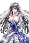  1girl azur_lane bare_shoulders black_hair blush bouquet breasts bridal_veil bride dress elbow_gloves eyebrows_visible_through_hair flower gloves hair_between_eyes hair_ornament highres hikagen_yoshio huge_breasts jewelry long_hair looking_at_viewer red_eyes simple_background smile solo taihou_(azur_lane) taihou_(kantai_collection) veil wedding_dress white_background white_dress 