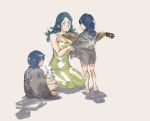  1boy 2girls blue_eyes blue_hair byleth_(fire_emblem) byleth_(fire_emblem)_(female) byleth_(fire_emblem)_(male) cup fire_emblem fire_emblem:_three_houses fish highres holding holding_cup holding_fish long_hair mother_and_daughter mother_and_son multiple_girls open_mouth short_hair simple_background sitri_(fire_emblem) sitting yrfreakyneighbr 