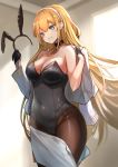  1girl :d animal_ears azur_lane bare_arms bare_shoulders black_gloves black_leotard blonde_hair blue_eyes breasts brown_legwear bunny_ears bunnysuit choker cleavage coat collarbone commentary_request covered_navel cowboy_shot gloves grin groin hairband hairband_removed half_gloves hands_up highres holding large_breasts leotard long_hair looking_at_viewer miniskirt north_carolina_(azur_lane) open_clothes open_coat open_mouth open_skirt pantyhose pencil_skirt skirt skirt_pull smile solo strapless strapless_leotard undressing very_long_hair white_coat white_skirt yu_ni_t 