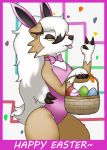  2020 anthro basket bow_tie bunny_costume canid canine clothing costume dominic_armois easter egg female flat_chested hi_res holidays looking_at_viewer lycanroc mammal midnight_lycanroc nintendo pok&eacute;mon pok&eacute;mon_(species) pok&eacute;mon_mystery_dungeon reallydarkandwindie simple_background solo thick_thighs tongue tongue_out video_games wanderlust wide_hips 