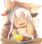  1other androgynous animal_ears artist_name blush bowl closed_eyes eyebrows_visible_through_hair facing_viewer fangs furry holding holding_spoon made_in_abyss mozukun43 nanachi_(made_in_abyss) open_mouth short_hair spoon translation_request twitter_username upper_body upper_teeth whiskers white_hair 