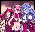  3girls azelf batchgooya bikini_top black_bikini_top blue_hair breasts cleavage closed_eyes commentary_request flat_chest frown gen_4_pokemon highres large_breasts long_hair mesprit midriff multiple_girls navel personification pink_hair pointy_ears pokemon purple_eyes twintails uxie 