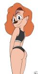  2020 anthro bra butt canid canine canis clothing disney domestic_dog ear_piercing female goof_troop hair jookbox looking_at_viewer mammal mole_(marking) panties piercing red_hair roxanne_(goof_troop) simple_background solo sports_bra underwear white_background 