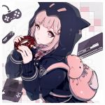  1girl bangs black_jacket captain_yue cat_bag commentary controller danganronpa doughnut eyebrows_visible_through_hair flipped_hair food hair_ornament hairclip handheld_game_console holding holding_food hood hood_up hooded_jacket hoodie jacket long_sleeves nanami_chiaki nintendo_ds pink_backpack pink_eyes pink_hair short_hair smile solo super_danganronpa_2 upper_body 