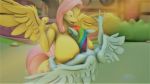  16:9 3d_(artwork) anthro between_breasts big_breasts breast_smother breasts digital_media_(artwork) equid equine female female/female fluttershy_(mlp) friendship_is_magic hi_res huge_breasts mammal my_little_pony outside pterippus rainbow_dash_(mlp) smothering veryfluffy widescreen wings 