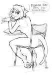  absurd_res anthro anus chair domestic_ferret female furniture genitals half-closed_eyes hi_res mammal monochrome mustela mustelid musteline narrowed_eyes pawpads pencil_(object) poppy_(sneel) pussy simple_background sitting sketch sneel solo studying tongue tongue_out white_background 