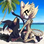  1:1 absurd_res all_fours amber_eyes anthro barefoot beach bodily_fluids breasts butt cheetah chest_tuft clothing cum cum_in_pussy cum_inside cum_on_butt cum_on_ground cum_on_leg cum_splatter dash-the-cheetah dash_the_cheetah doggystyle domestic_cat duo erection fan_character felid feline felis female from_behind_position fur genital_fluids genitals gloves half-closed_eyes handwear hi_res kneeling leg_grab looking_at_viewer lucy_the_cat male male/female mammal narrowed_eyes nipples nude open_mouth outside palm_tree penetration penis purple_eyes pussy raised_tail sand sea seaside sex sex_on_the_beach sonic_the_hedgehog_(series) spots spotted_body spotted_fur thigh_grab tongue tongue_out tree tuft vaginal vaginal_penetration water 