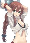  1girl alternate_costume aqua_eyes ball beachball bikini black_bikini braid breasts brown_hair cleavage groin hair_between_eyes highres holding holding_ball kantai_collection large_breasts long_hair navel negahami noshiro_(kantai_collection) open_mouth short_sleeves simple_background single_braid solo swimsuit upper_body white_background 