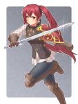  1girl blush boots brown_footwear brown_gloves fire_emblem fire_emblem_fates gloves holding holding_sword holding_weapon knee_boots pants pauldrons red_eyes red_hair rere_(yusuke) selena_(fire_emblem_fates) sword twintails weapon 