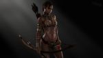  1girl bikini black_hair bodypaint bow_(weapon) breasts capcom dark_skin highres jewelry miniskirt resident_evil resident_evil_5 sheva_alomar short_hair simple_background skirt swimsuit tattoo tribal tribal_tattoo weapon 