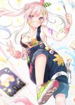  1girl :d airani_iofifteen bare_shoulders blurry breasts buttons depth_of_field grin hair_bun highres hololive long_sleeves open_mouth overalls paint_splatter paintbrush palette purple_eyes shoes smile sneakers solo virtual_youtuber white_hair yano_mitsuki 