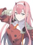  1girl arm_up bangs blue_eyes breasts closed_mouth darling_in_the_franxx eyebrows_behind_hair ganida_boushoku gloves grey_gloves hair_between_eyes horns jacket long_hair long_sleeves looking_at_viewer orange_neckwear pink_hair red_jacket simple_background small_breasts smile solo upper_body very_long_hair white_background zero_two_(darling_in_the_franxx) 