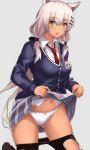  1girl alternate_costume animal_ears black_legwear black_panties blush dark_skin flugel_(kaleido_scope-710) girls_frontline hair_ornament hairclip highres m590_(girls_frontline) necktie open_mouth panties red_neckwear school_uniform skirt skirt_lift solo twintails underwear white_hair white_panties yellow_eyes 