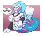  2020 4_fingers anthro armwear big_breasts blue_eyes blue_hair blush breasts bursting_breasts clothing cosplay crescent_moon dialogue english_text fan_character female fingers hair hi_res huge_breasts jewelry kagamine_len lavenderpandy luna_(roflfox) marine moon necktie nintendo pok&eacute;mon pok&eacute;mon_(species) primarina shirt solo speech_bubble star text topwear under_boob video_games vocaloid 