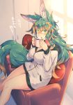  1girl animal_ear_fluff animal_ears breasts brown_hair cleavage cup fang green_eyes green_hair holding holding_cup indoors kuromiya kuromiya_raika large_breasts long_hair looking_at_viewer mug multicolored_hair original sitting solo tail translation_request two-tone_hair zipper zipper_pull_tab 