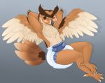  anthro avian bird bubo_(genus) diaper diaper_fetish feathered_wings feathers great_horned_owl hi_res imply male owl solo tail_feathers talons true_owl wings 