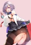  1girl azur_lane bag bare_shoulders black_gloves blush breasts commentary_request eyebrows_visible_through_hair gloves hair_ornament hairband hairclip highres huge_breasts iron_man looking_at_viewer marvel one_eye_closed panties pink_background purple_background reno_(azur_lane) sezoku shopping_bag short_hair simple_background skirt sleeveless sleeveless_jacket smile solo torn_clothes torn_legwear toy underboob underwear white_panties 