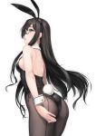  1girl alternate_costume animal_ears ass black_hair black_legwear breasts glasses highres kantai_collection long_hair looking_at_viewer ooyodo_(kantai_collection) rokuwata_tomoe simple_background small_breasts solo upper_body white_background 