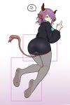  1girl anger_vein animal_ears arknights ass back bingbingzi cow_ears cow_girl cow_horns cow_tail grey_legwear horns looking_at_viewer middle_finger pantyhose penis purple_hair sideroca_(arknights) solo spoken_anger_vein tail 