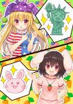  &gt;_&lt; 2girls :d absurdres american_flag animal_ears blonde_hair blush brown_hair bunny bunny_ears carrot_necklace clownpiece commentary_request dress hat highres inaba_tewi jester_cap long_hair multiple_girls neck_ruff open_mouth pink_dress pointing polka_dot puffy_short_sleeves puffy_sleeves purple_headwear red_eyes short_sleeves smile statue_of_liberty suigetsu_(watermoon-910) touhou xd 
