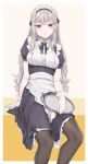  1girl apron bangs black_legwear breasts eyebrows_visible_through_hair fangxiang_cuoluan frills gloves grey_hair highres looking_at_viewer maid maid_apron maid_headdress original parted_lips purple_eyes sitting solo tray white_gloves 