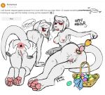  2020 anal_beads anthro anus basket bodily_fluids breath butt butt_grab cigarette dialogue disembodied_hand domestic_ferret easter easter_basket easter_egg english_text female genitals hand_on_butt hi_res holidays mammal mustela mustelid musteline pawpads poppy_(sneel) pussy red_sclera sex_toy simple_background smoking sneel spread_anus spread_butt spreading sweat text white_background 