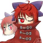  1girl ahoge avatar_icon blue_bow bow buckle cape chamaji cloak disembodied_head eyebrows_visible_through_hair hair_between_eyes hair_bow high_collar looking_at_viewer lowres multiple_heads nukekubi one_eye_closed red_cape red_cloak red_eyes red_hair sekibanki short_hair signature solo touhou upper_body white_background 