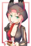  1girl bangs bell black_gloves blush breasts cake chii_aruel cleavage commentary eating eyebrows_visible_through_hair fingerless_gloves food fork gloves green_eyes highres holding holding_fork long_sleeves looking_at_viewer medium_breasts pink_hair seonrang short_hair_with_long_locks solo soul_worker 