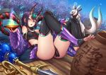  1girl adsouto bangs bare_shoulders black_fundoshi breasts cherry_blossoms chinese_clothes collarbone dudou eyeliner fate/grand_order fate_(series) feet forehead_jewel highres horns leaning_back long_sleeves looking_at_viewer makeup oni oni_horns pot purple_eyes purple_hair short_hair shuten_douji_(fate/grand_order) shuten_douji_(halloween_caster)_(fate) skin-covered_horns small_breasts solo star star_print sword toeless_legwear toes tree weapon 