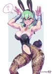  1girl ? animal_ears breasts bunny_ears bunny_tail byleth_(fire_emblem) byleth_(fire_emblem)_(female) cleavage closed_mouth fake_animal_ears fake_tail fire_emblem fire_emblem:_three_houses green_eyes green_hair kajin_(kajinman) large_breasts medium_hair navel navel_cutout pantyhose simple_background solo spoken_question_mark tail watermark web_address 