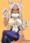  1girl animal_ears artist_name bare_shoulders blue_legwear boku_no_hero_academia breasts bunny_ears covered_navel crossed_legs dark_skin gloves highleg highleg_leotard highres kilalesi large_breasts leotard long_eyelashes long_hair looking_at_viewer muscle muscular_female red_eyes sitting smile solo taut_leotard thighhighs usagiyama_rumi very_long_hair white_gloves white_hair yellow_background 