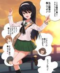  4girls a1 akiyama_yukari bag black_hair black_legwear black_neckwear brown_eyes commentary_request feet_out_of_frame girls_und_panzer green_skirt hairband head_only isuzu_hana kneehighs long_hair looking_at_viewer multiple_girls neckerchief nishizumi_miho ooarai_military_uniform ooarai_school_uniform pleated_skirt railing reizei_mako sailor_collar school_uniform serafuku skirt smile solo_focus sunset translation_request white_hairband white_sailor_collar 