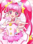  1girl :d ahoge character_name choker cowboy_shot cure_star dress earrings hoshina_hikaru jewelry kagami_chihiro long_hair looking_at_viewer magical_girl open_mouth outstretched_hand pink_eyes pink_hair pink_neckwear planet_hair_ornament precure shiny shiny_skin smile solo star star_choker star_in_eye star_twinkle_precure symbol_in_eye twintails white_dress 