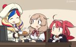  3girls ahoge arm_warmers bangs beret blonde_hair blush bow bowtie braid brown_eyes closed_eyes commandant_teste_(kantai_collection) cup dated eyebrows_visible_through_hair fingerless_gloves food gloves gradient_hair hair_flaps hair_ornament hairband hamu_koutarou hat highres kantai_collection kawakaze_(kantai_collection) light_brown_hair long_hair minegumo_(kantai_collection) monitor multicolored multicolored_clothes multicolored_hair multicolored_scarf multiple_girls open_mouth pom_pom_(clothes) red_hair red_neckwear remodel_(kantai_collection) scarf school_uniform signature skirt steam streaked_hair suspender_skirt suspenders twin_braids 