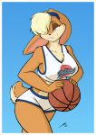  anthro ball basketball_(ball) basketball_uniform big_breasts blonde_hair blue_background blue_eyes border breasts buckteeth clothed clothing female fur hair hair_over_eye lagomorph leporid lola_bunny looney_tunes mammal one_eye_obstructed rabbit simple_background smile solo sportswear standing starfighter teeth thick_thighs tuft uniform warner_brothers white_border wide_hips 