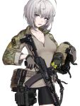  1girl alma01 bike_shorts blue_eyes breasts camouflage_shirt check_copyright cleavage cowboy_shot gloves grey_hair gun handgun headset holding holding_weapon holstered_weapon long_sleeves looking_at_viewer medium_breasts original pistol raglan_sleeves sheath sheathed short_hair simple_background solo weapon weapon_request white_background zipper 