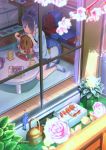  1girl abo_(kawatasyunnnosukesabu) bangs bird black_hair blue_footwear blue_shirt bluebird cherry_blossoms coaster commentary_request cup curtains cushion day flower food from_outside green_pants green_tea hair_bun hair_over_one_eye haniwa_(statue) highres holding holding_food mug nintendo_switch original pants pink_flower pink_shirt plant potted_plant rug shirt shorts sidelocks sitting slippers_removed smile snack socks stove table tea window wooden_floor 