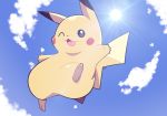  :3 ^_^ artsy-rc blue_sky closed_eyes cloud cloudy_sky commentary english_commentary from_below full_body gen_1_pokemon highres jumping lens_flare looking_at_viewer no_humans one_eye_closed outdoors pikachu pokemon pokemon_(creature) signature sky smile solo sun 