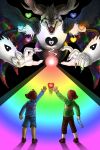  1boy 2others absurdres ahoge asriel_dreemurr beam black_background brown_hair chara_(undertale) clenched_hand closed_eyes denim frisk_(undertale) goat_horns heart highres holding huge_filesize jaguarkia jewelry locket multiple_others nail open_mouth pendant rainbow reaching shirt shoes simple_background spoilers teeth undertale wings 