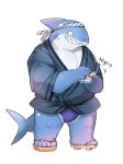  2018 anthro blue_body clothing fish footwear humanoid_hands kemono kinoshita-jiroh male marine overweight overweight_male robe sandals shark simple_background solo teeth underwear white_background white_body 